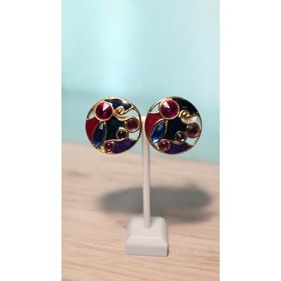 Beautiful Vintage Clip on Earrings Enamel and Gemstone Gold Tone - Picture 3 of 4